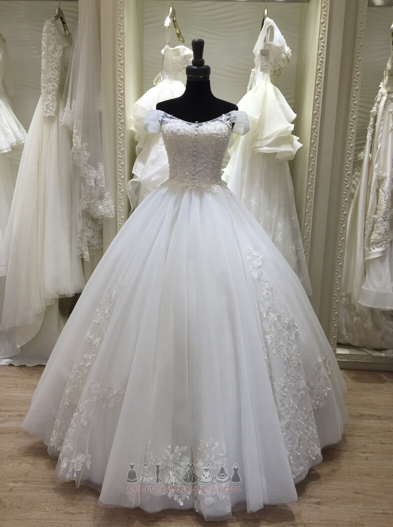 Lace Capped Sleeves Lace-up Floor Length Natural Waist Button Wedding Dress
