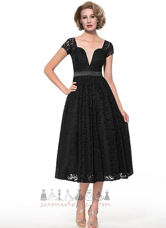 Lace Elegant V-Neck Tea Length A-Line Short Sleeves Mother Dress