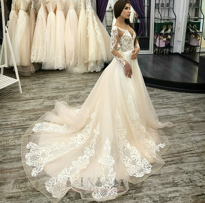 Lace Formal Sheer Back Illusion Sleeves Court Train Long Wedding gown