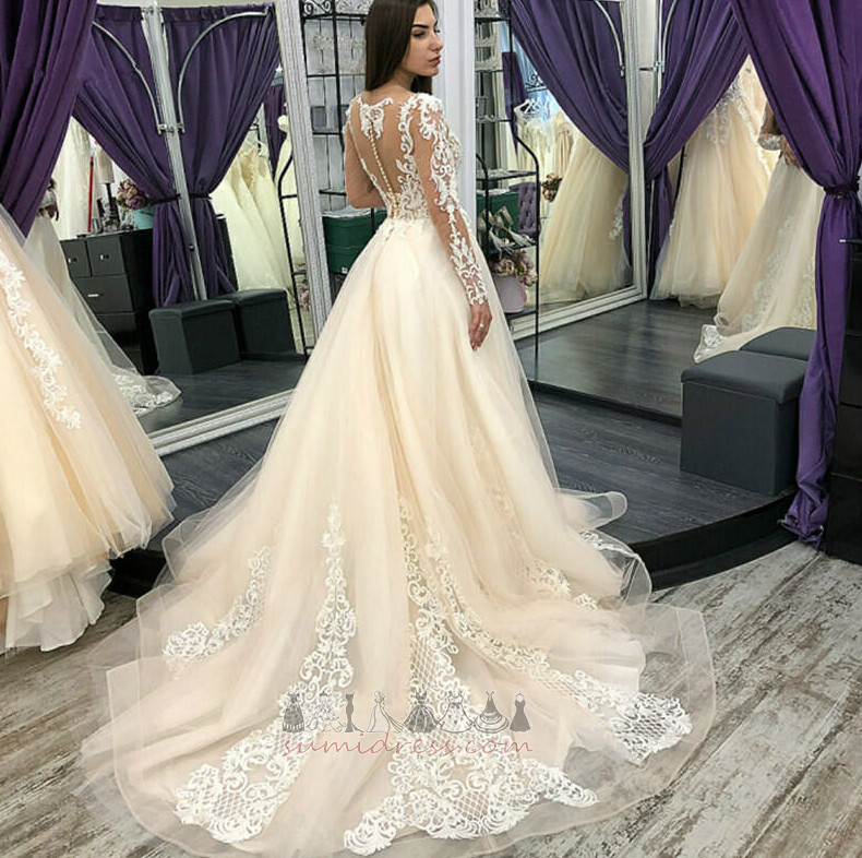 Lace Formal Sheer Back Illusion Sleeves Court Train Long Wedding gown
