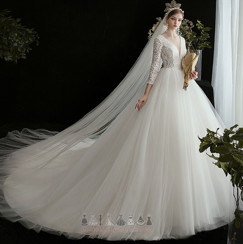 Lace Inverted Triangle 3/4 Length Sleeves Lace-up Royal Train A-Line Wedding Dress