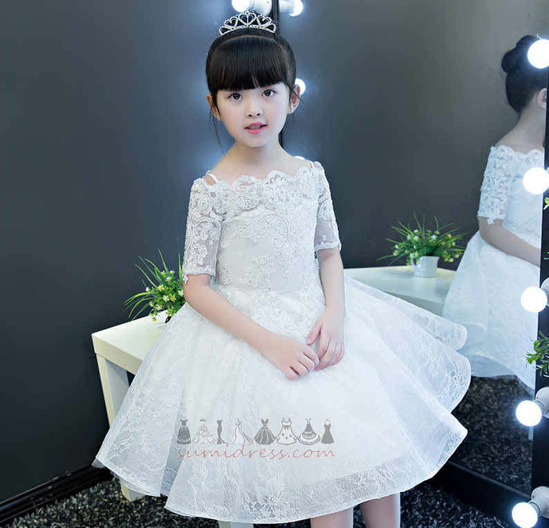 Lace Natural Waist Knee Length Zipper Up A-Line Illusion Sleeves Flower Girl gown