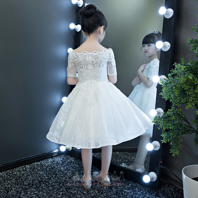 Lace Natural Waist Knee Length Zipper Up A-Line Illusion Sleeves Flower Girl gown
