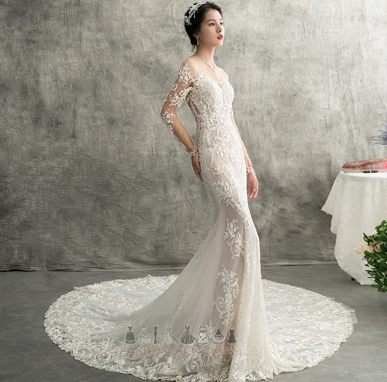 Lace Overlay Applique Long Sleeves Mermaid Outdoor Satin Wedding Dress