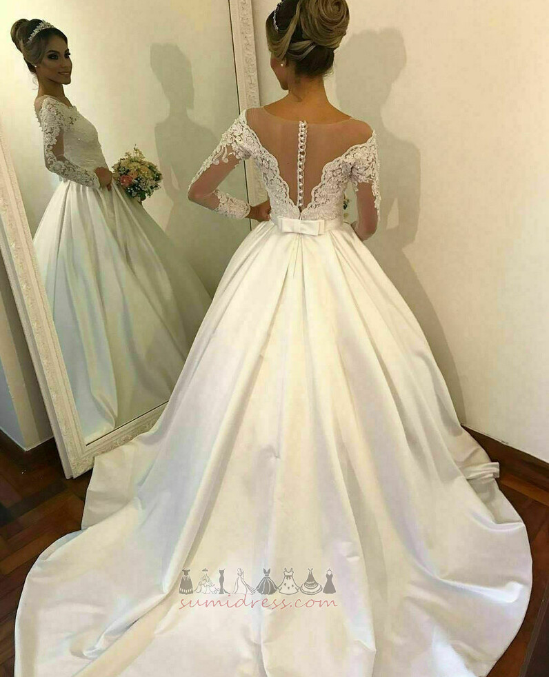 Lace Overlay Cathedral Train Vintage Long Sleeves Button Off Shoulder Wedding Dress