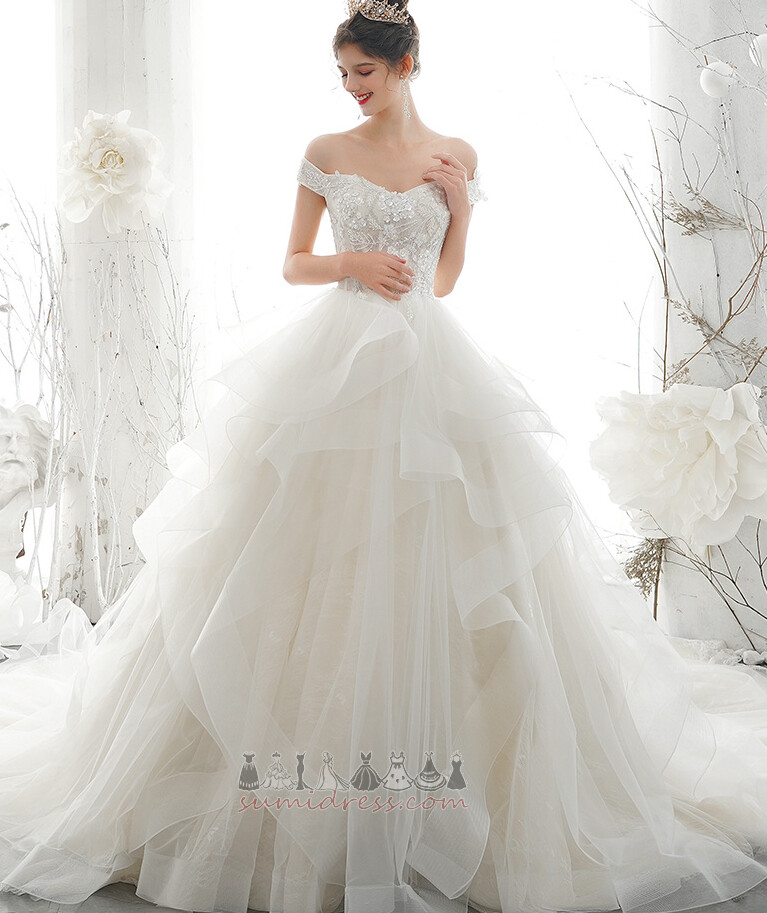Lace Overlay Church Tulle Court Train Natural Waist Off Shoulder Wedding Dress