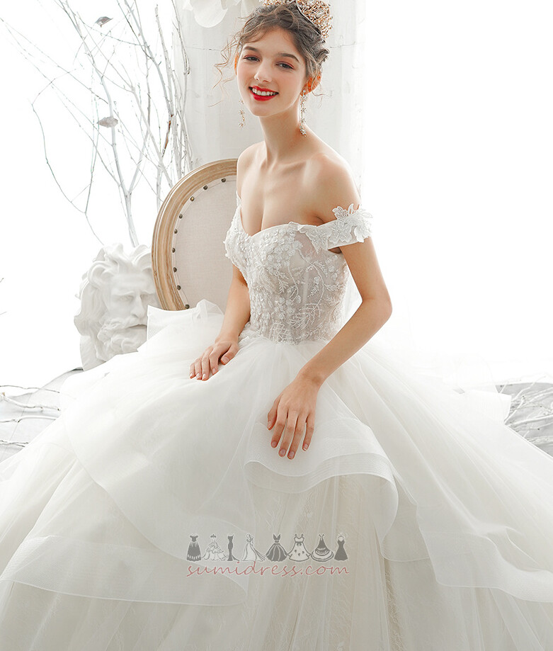 Lace Overlay Church Tulle Court Train Natural Waist Off Shoulder Wedding Dress