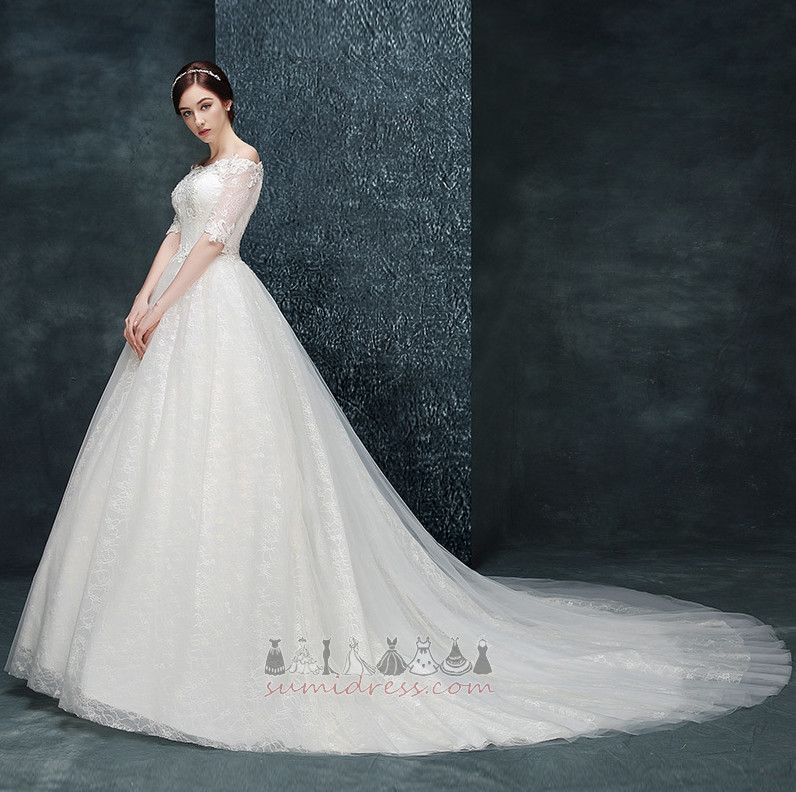 Lace Overlay Court Train Natural Waist Binding Voile A-Line Wedding Dress