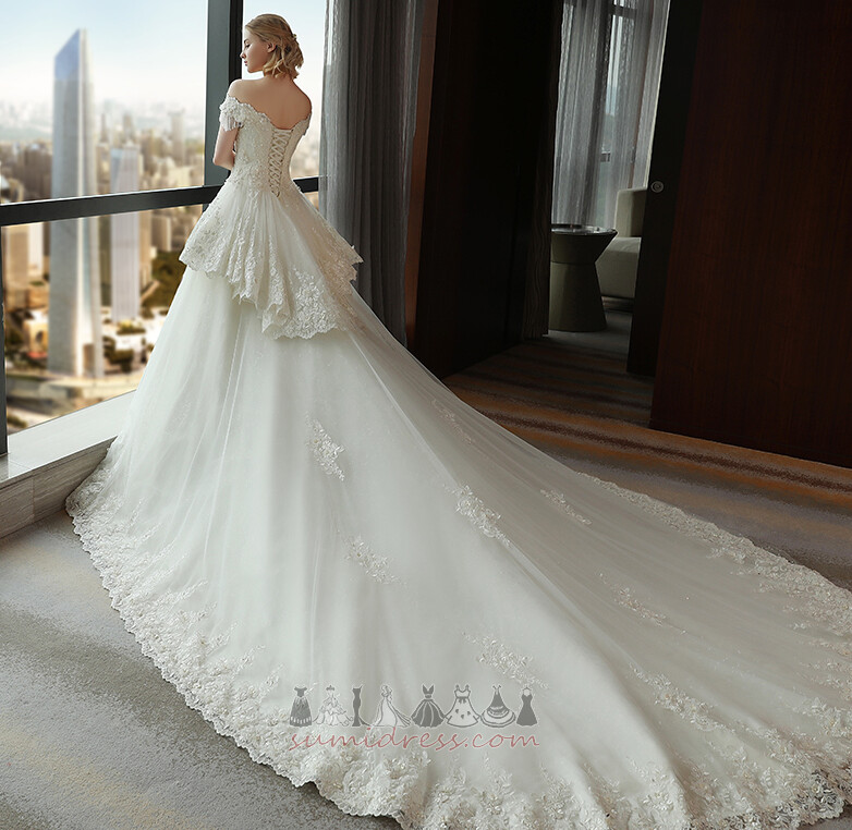 Lace Overlay Elegant Royal Train Applique Dew shoulder Short Sleeves Wedding Dress