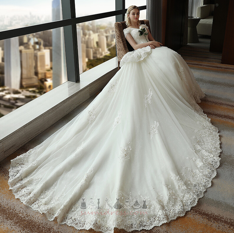 Lace Overlay Elegant Royal Train Applique Dew shoulder Short Sleeves Wedding Dress