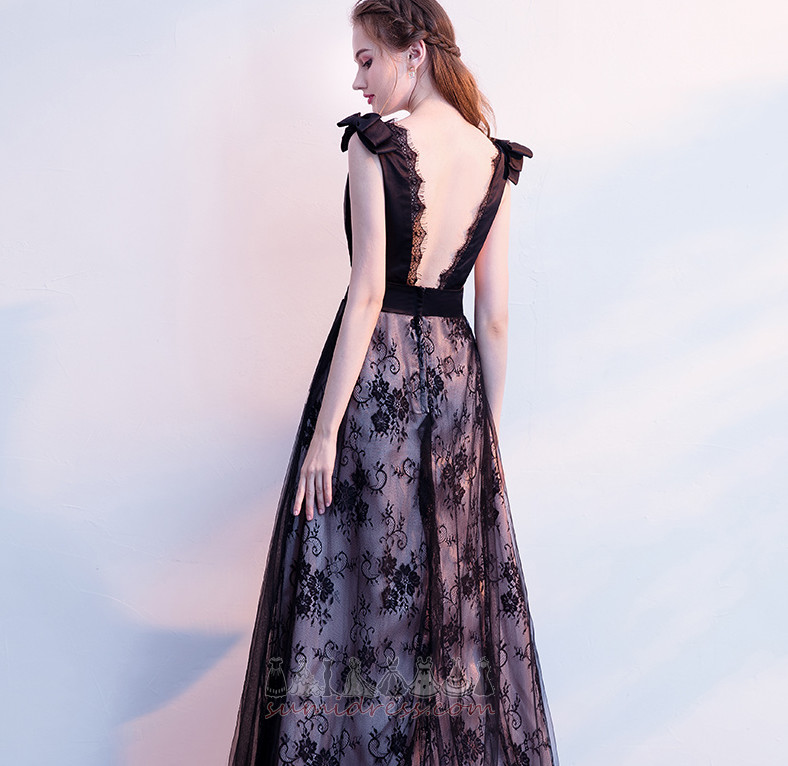 Lace Overlay Floor Length V-Neck Lace Medium A-Line Prom Dress