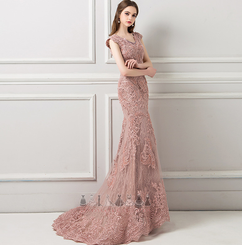 Lace Overlay Formal Ball Short Sleeves V-Neck Natural Waist Evening Dress