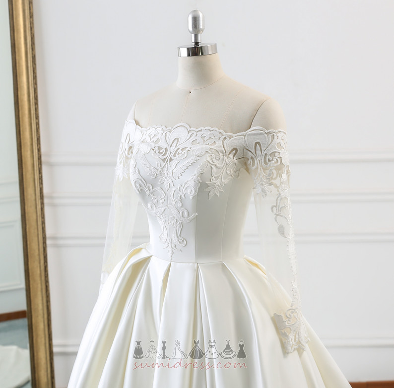 Lace Overlay Long Sleeves Lace-up Satin A-Line Off Shoulder Wedding skirt