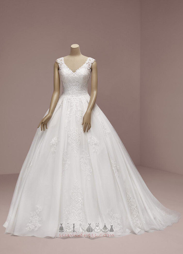 Lace Overlay Long Sweep Train Fall V-Neck Simple Wedding Dress
