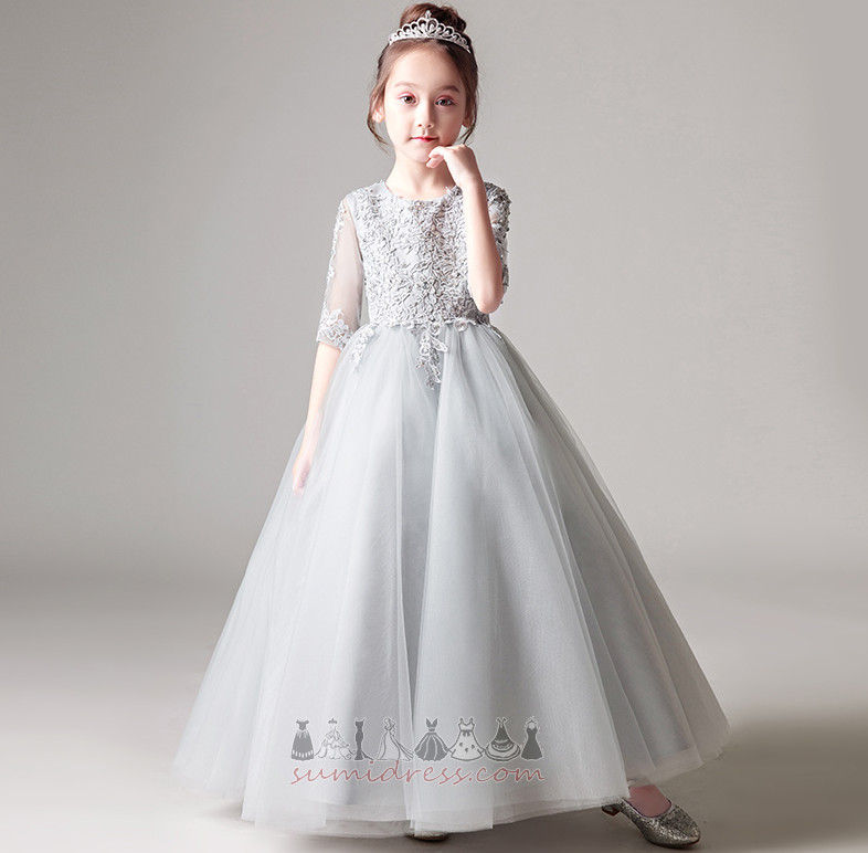 Lace Overlay Short Sleeves Jewel Natural Waist Tulle A-Line Flower Girl Dress