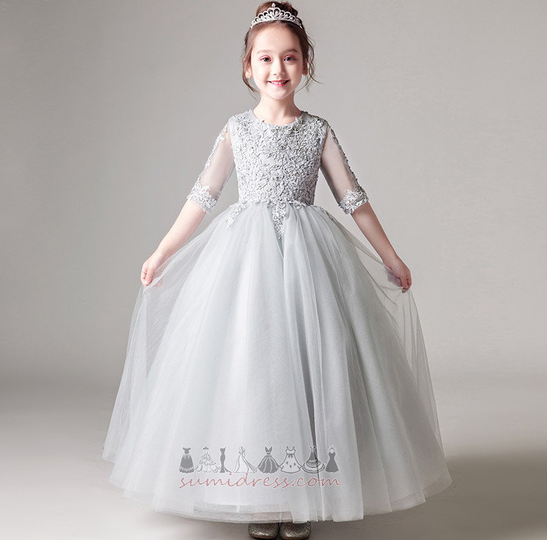 Lace Overlay Short Sleeves Jewel Natural Waist Tulle A-Line Flower Girl Dress
