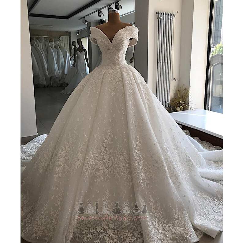 Lace Overlay Sleeveless Cathedral Train Sparkle Outdoor Organza Wedding Dress