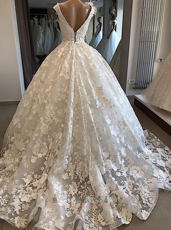 Lace Overlay Sleeveless Court Train Beading A-Line Winter Wedding Dress