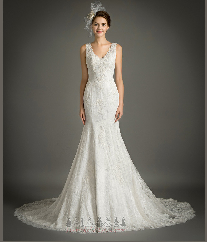 Lace Overlay V-Neck Elegant Sweep Train Medium Lace Wedding Dress