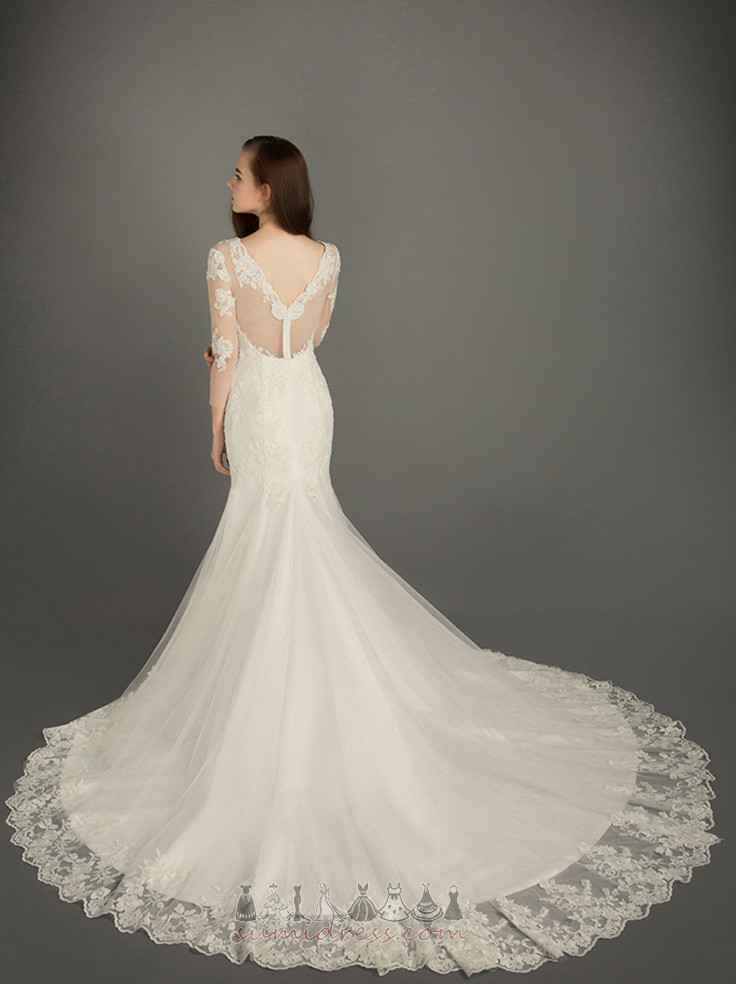 Lace Pear Elegant Natural Waist 3/4 Length Sleeves V-Neck Wedding Dress