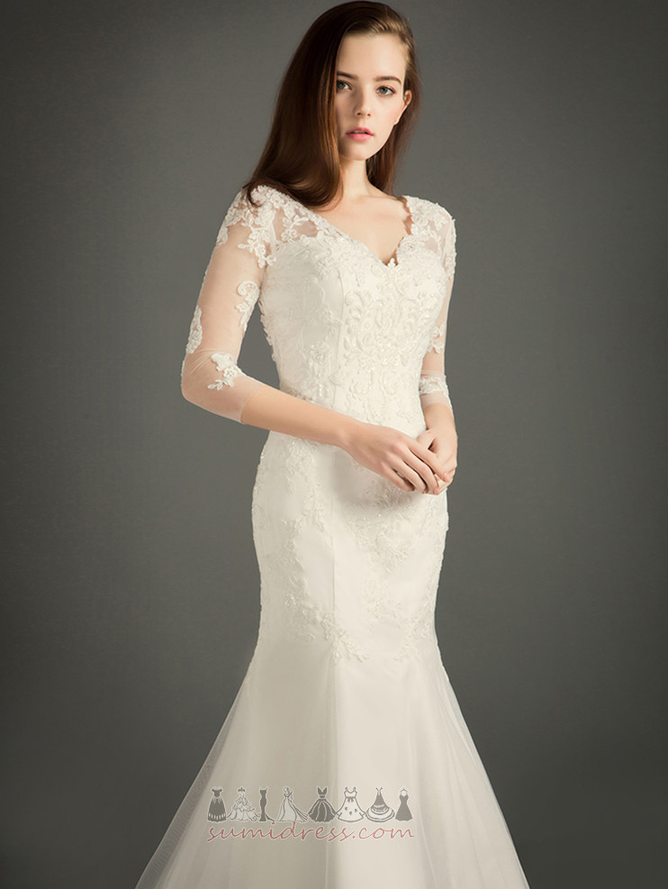 Lace Pear Elegant Natural Waist 3/4 Length Sleeves V-Neck Wedding Dress