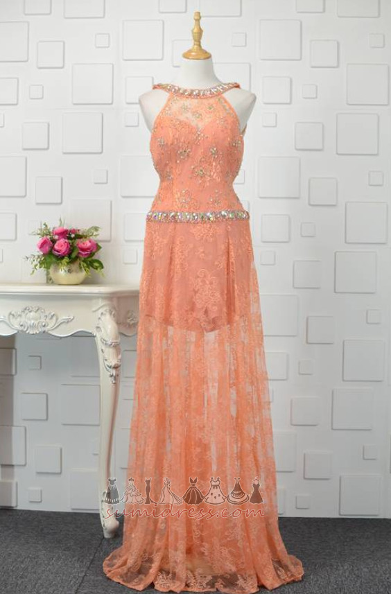 Lace Summer Natural Waist Transparent Sweep Train Backless Prom Dress