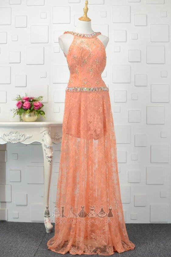 Lace Summer Natural Waist Transparent Sweep Train Backless Prom Dress