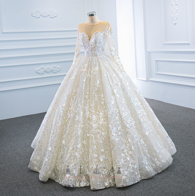 Lace-up A-Line Illusion Sleeves Formal Applique Church Wedding Dress