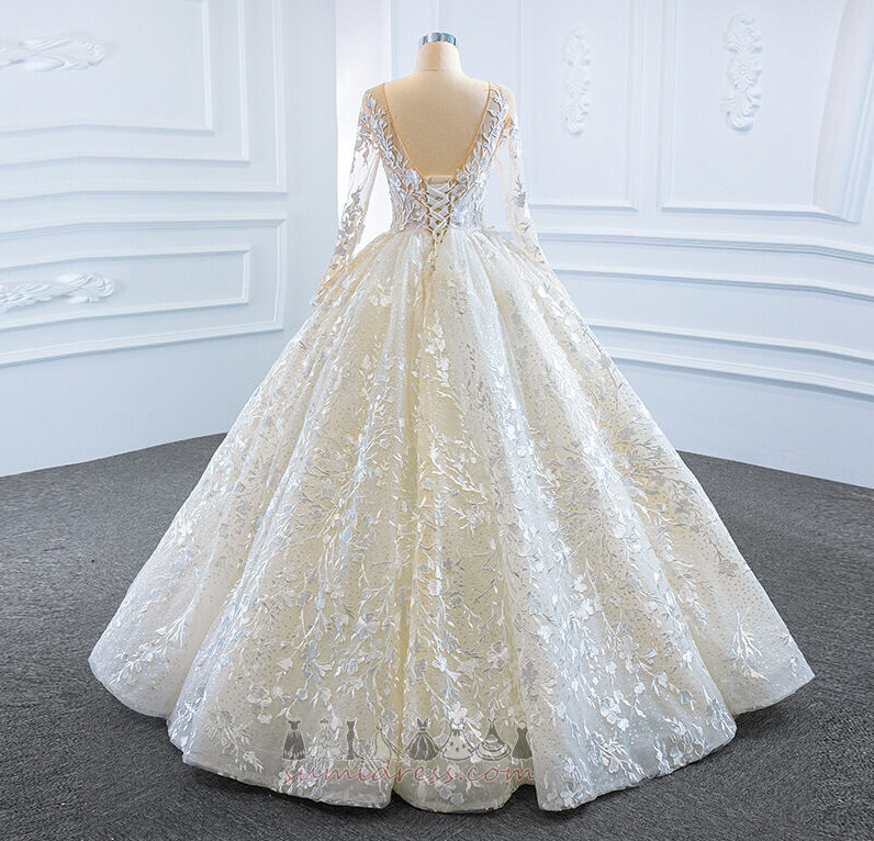 Lace-up A-Line Illusion Sleeves Formal Applique Church Wedding Dress