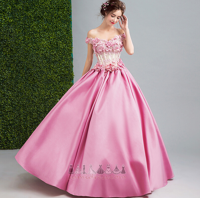 Lace-up Accented Rosette Hourglass Short Sleeves Flowers Off Shoulder Prom Dress