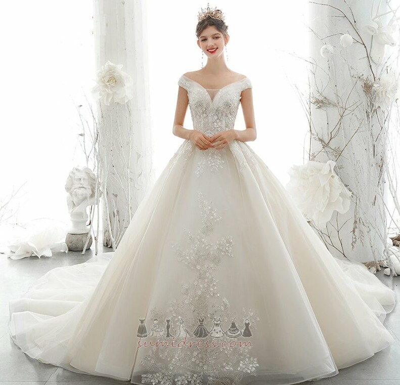 Lace-up Cathedral Train Sleeveless Beading V-Neck Natural Waist Wedding Dress