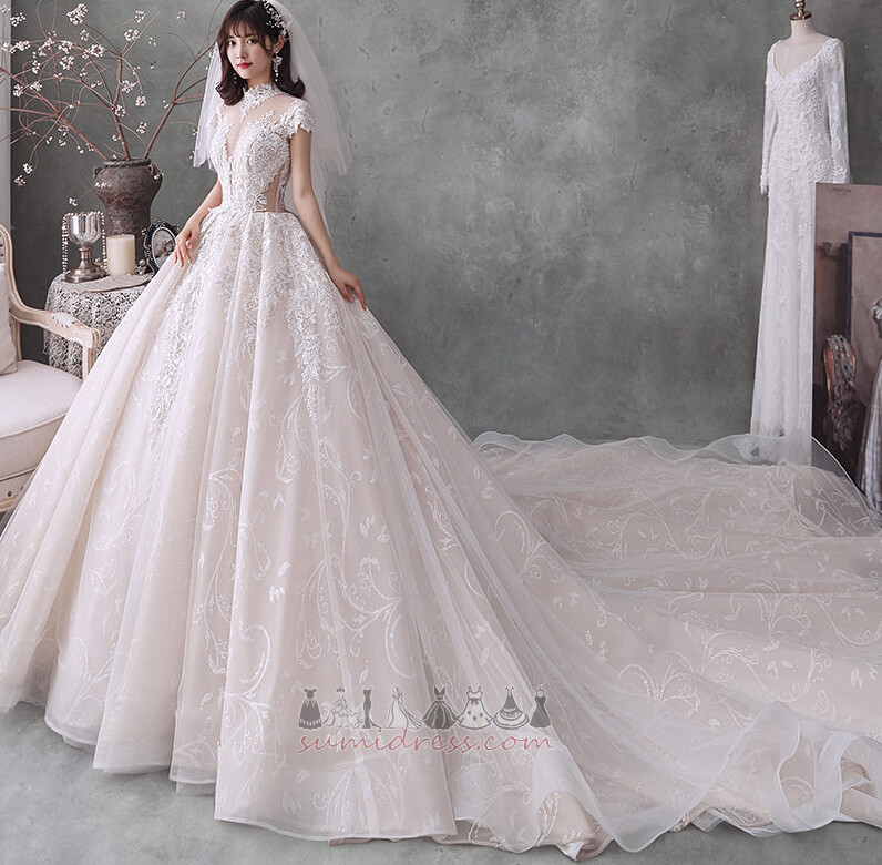 Lace-up Draped Long Capped Sleeves Short Sleeves Lace Wedding Dress