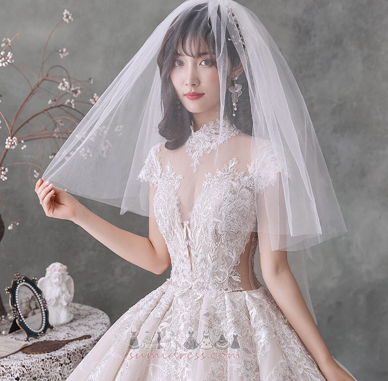 Lace-up Draped Long Capped Sleeves Short Sleeves Lace Wedding Dress