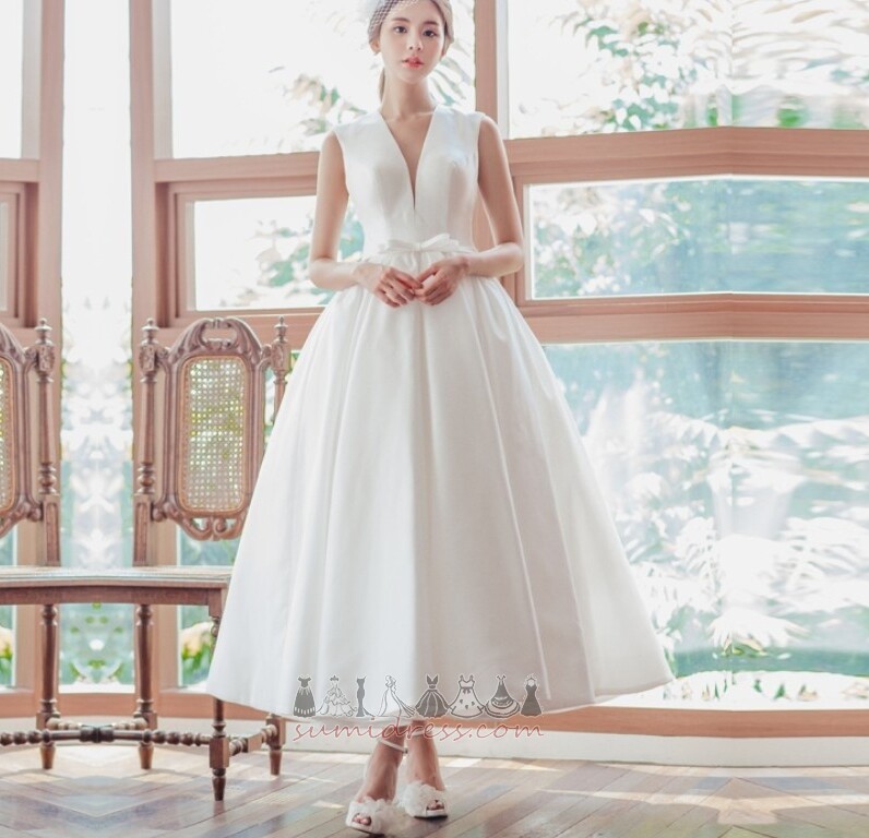 Lace-up Glamorous Tea Length Bowknot Sleeveless Natural Waist Wedding Dress