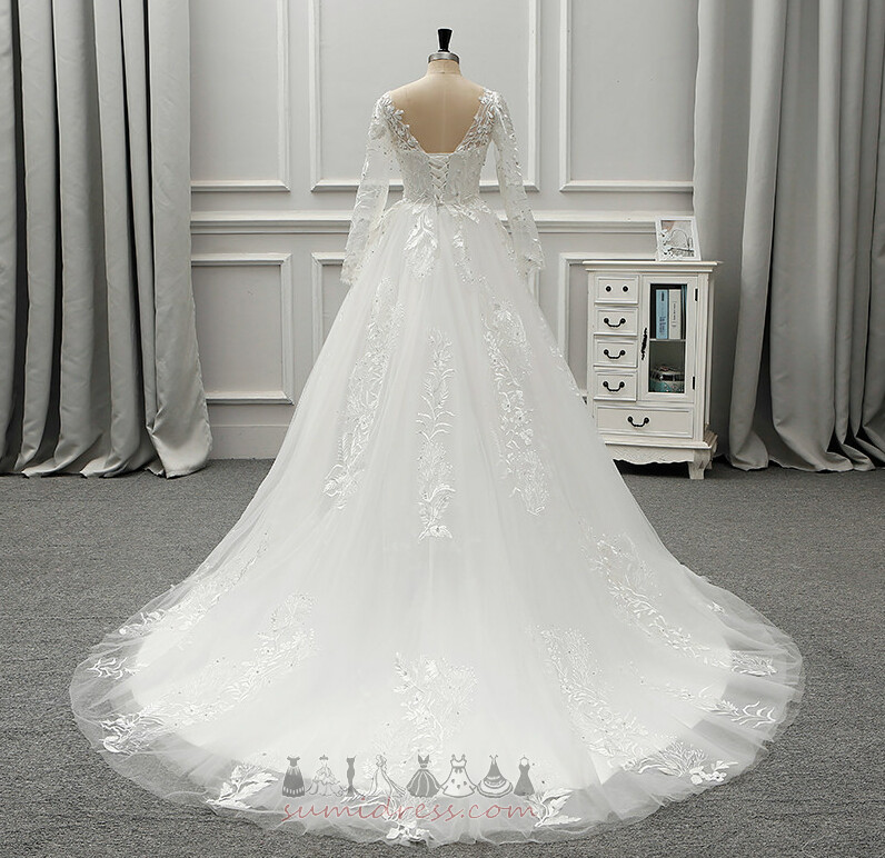 Lace-up Illusion Sleeves Lace Cathedral Train Church Long Sleeves Wedding gown