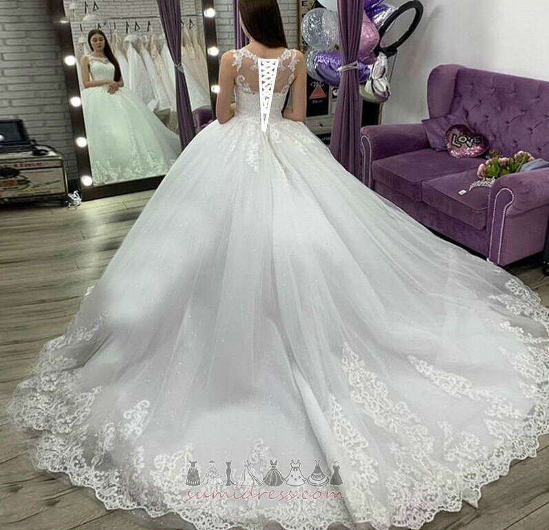 Lace-up Jewel Voile Natural Waist Sweep Train Long Wedding gown