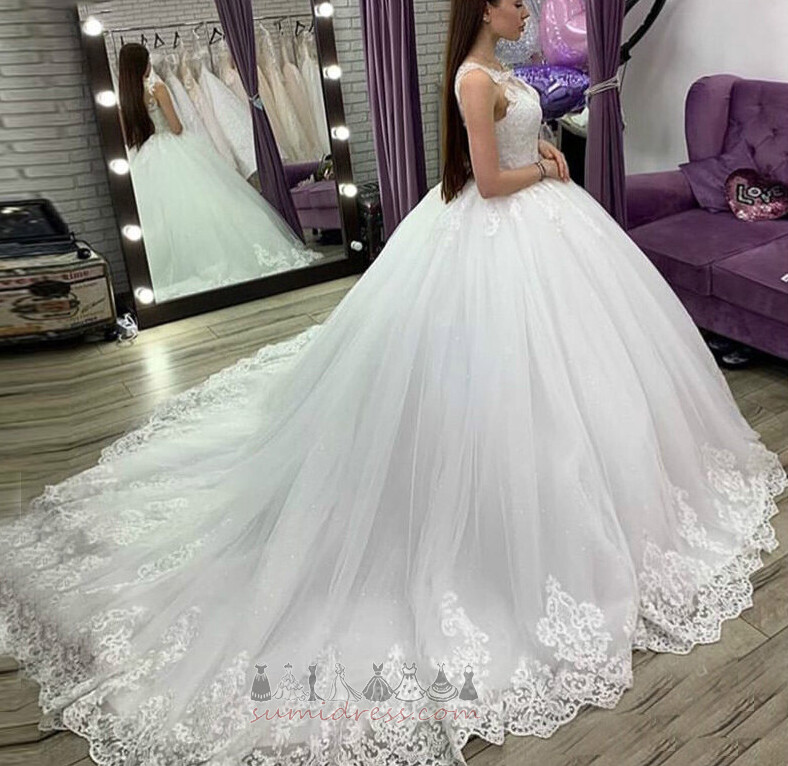 Lace-up Jewel Voile Natural Waist Sweep Train Long Wedding gown