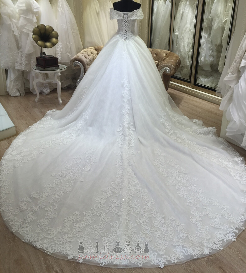 Lace-up Long Basque Waist Capped Sleeves Off Shoulder Church Wedding Dress
