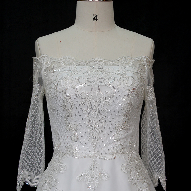Lace-up Long Beading Illusion Sleeves Formal Medium Wedding Dress