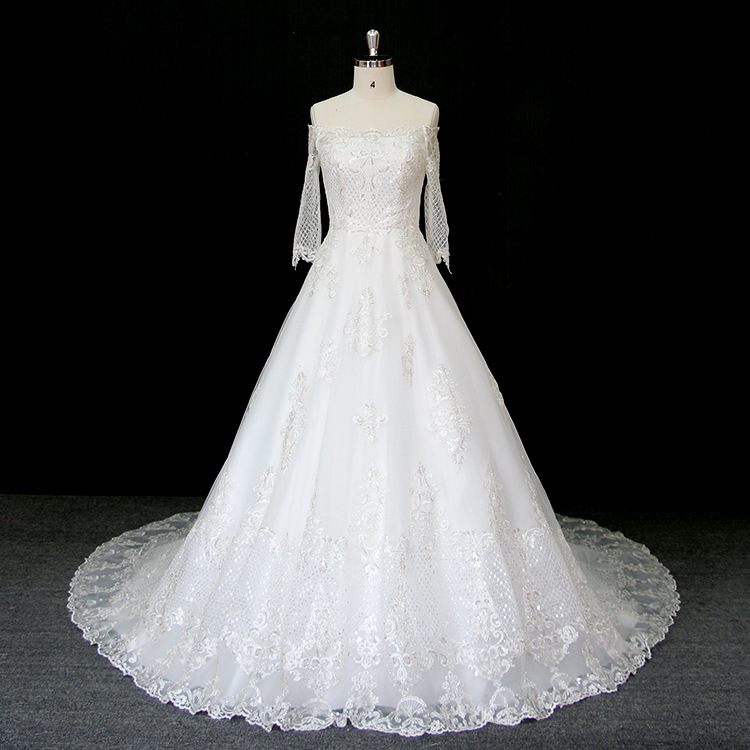 Lace-up Long Beading Illusion Sleeves Formal Medium Wedding Dress