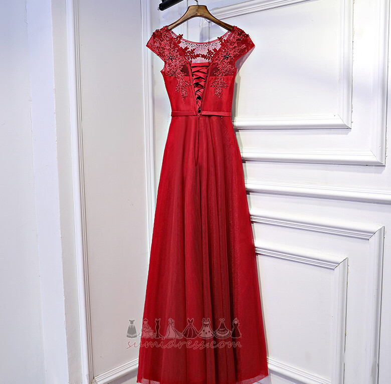 Lace-up Long Draped Capped Sleeves Lace Scoop Bridesmaid Dress