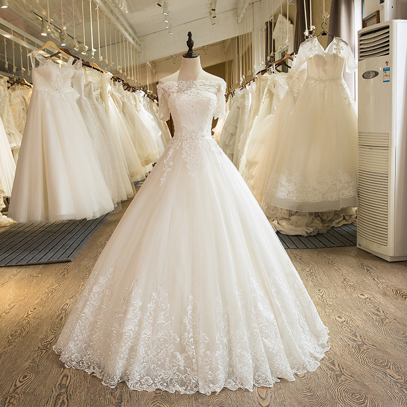Lace-up Natural Waist Lace Illusion Sleeves Off Shoulder Princess Wedding Dress