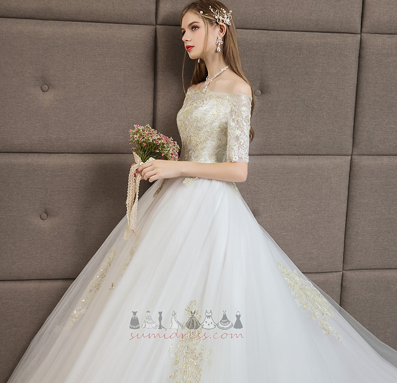 Lace-up Natural Waist Royal Train Off Shoulder Short Sleeves Wedding Dress