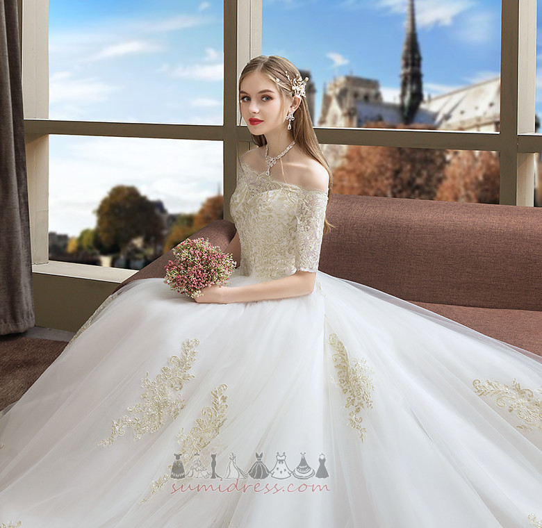 Lace-up Natural Waist Royal Train Off Shoulder Short Sleeves Wedding Dress