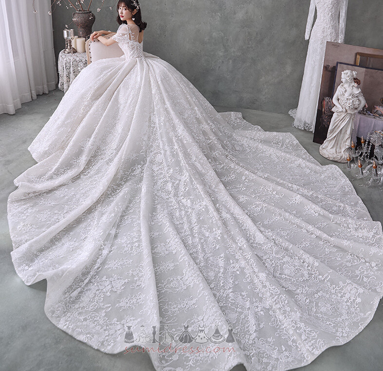 Lace-up Short Sleeves Fall A-Line Beading Hemline Long Wedding gown