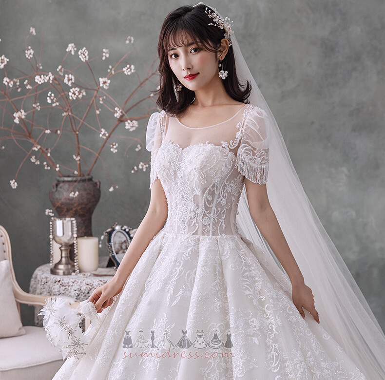 Lace-up Short Sleeves Fall A-Line Beading Hemline Long Wedding gown