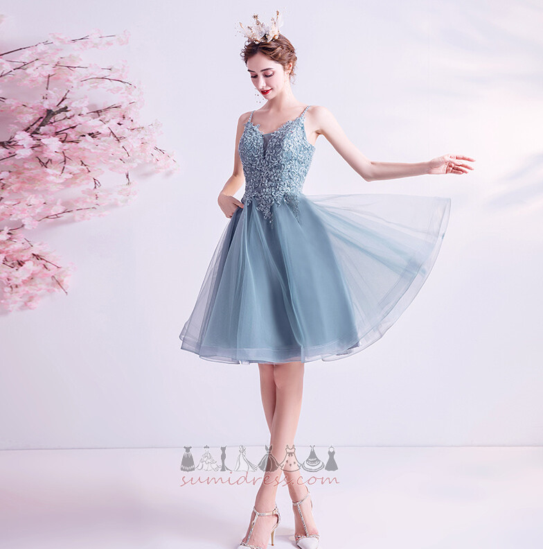 Lace-up Sleeveless Pear Jewel Bodice Knee Length Spaghetti Straps Evening Dress