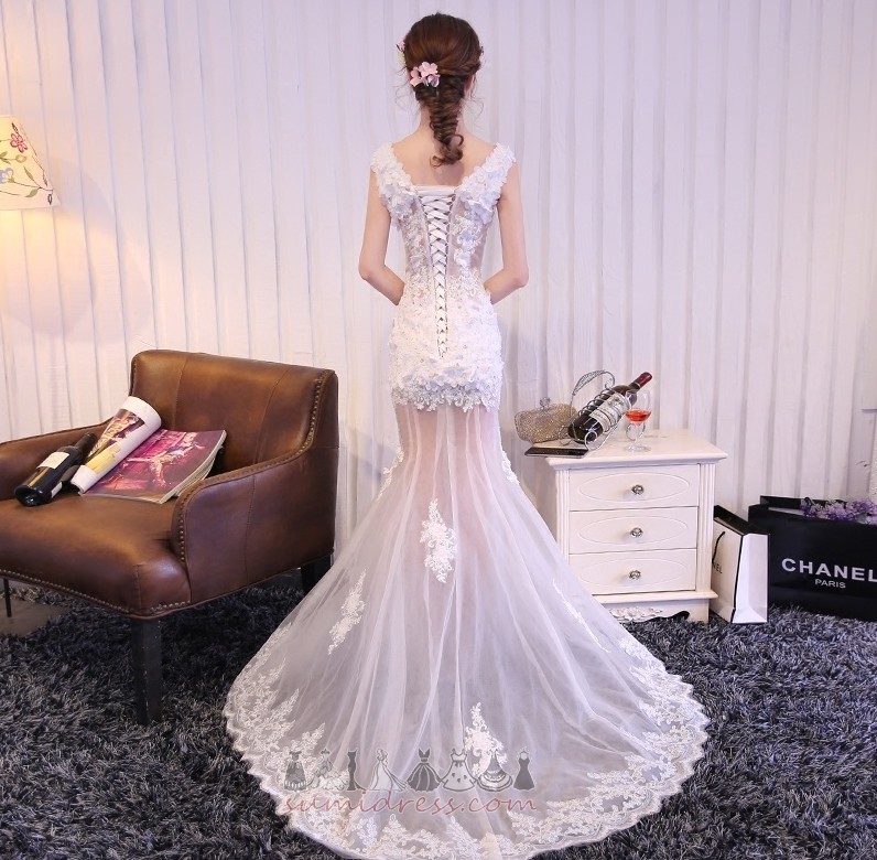 Lace-up Sleeveless Summer Long Sweep Train Tulle Prom Dress