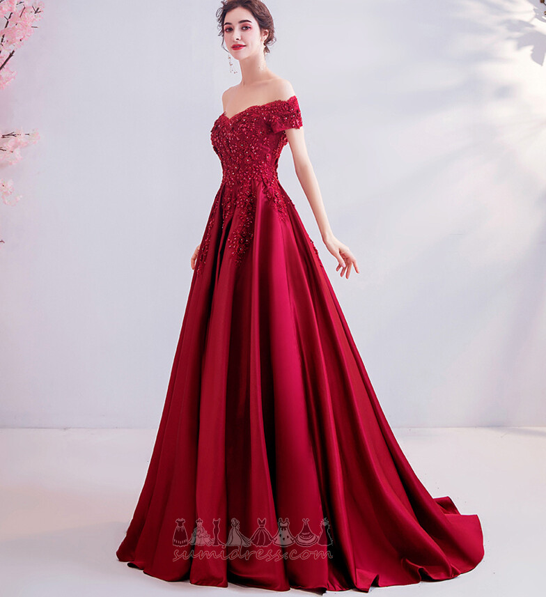 Lace-up T-shirt Hemline Long Sweep Train Short Sleeves Dew shoulder Prom gown