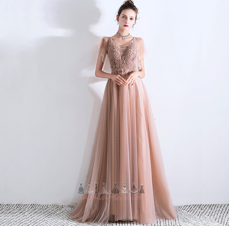 Lace-up Tulle Floor Length V-Neck Lace Overlay A-Line Evening Dress